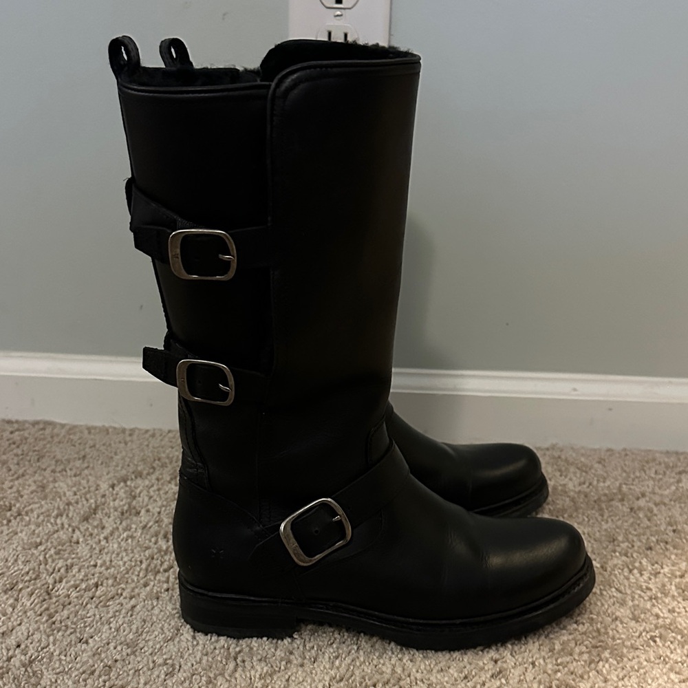 Frye Black Leather Fleece-lined Zip-up Buckle Boots